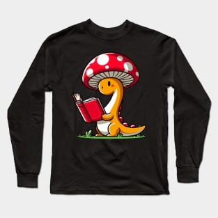 Kawaii simple Mushroom Hat Dinosaur Brontosaurus Reading Book Long Sleeve T-Shirt